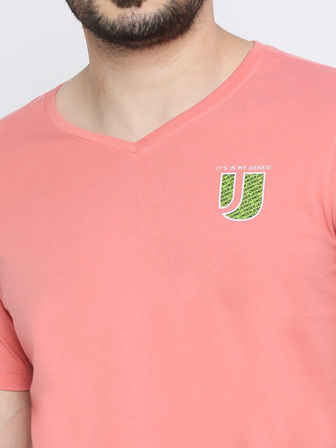 Men Premium Dusty Coral Cotton V-Neck T-shirt - UnderJeans by Spykar