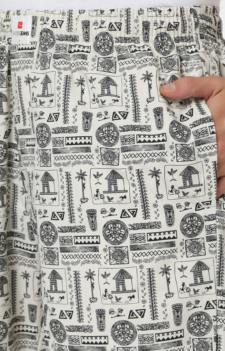 Men Premium Off White & Black Cotton Printed Pyjama - UnderJeans by Spykar