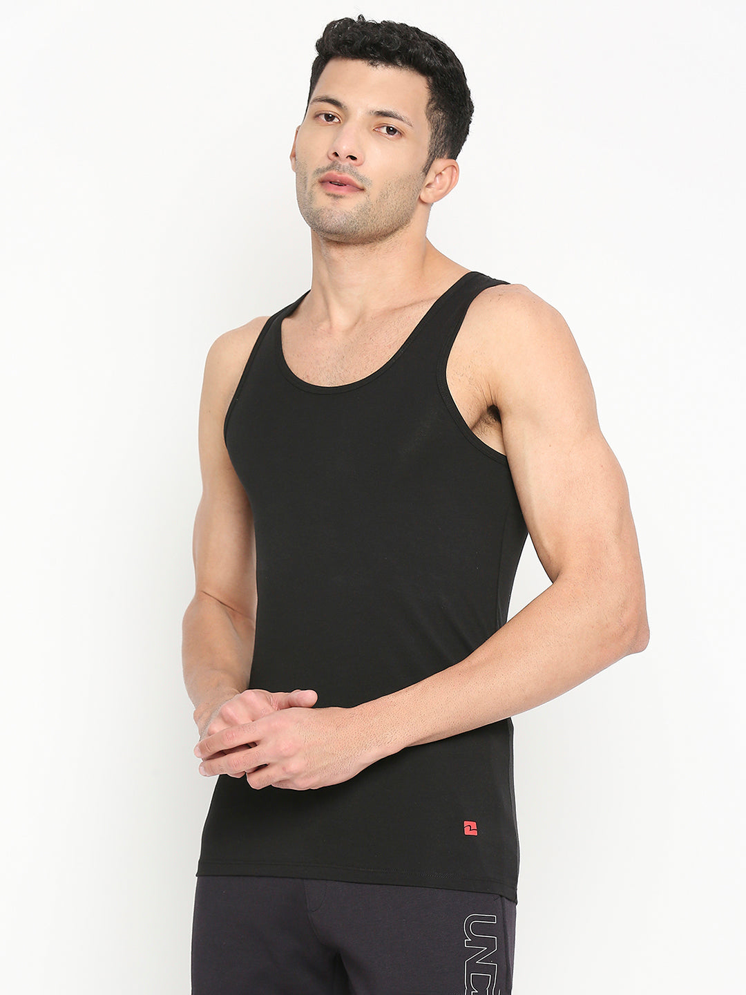 Men Premium Black Cotton Blend Vest - UnderJeans by Spykar