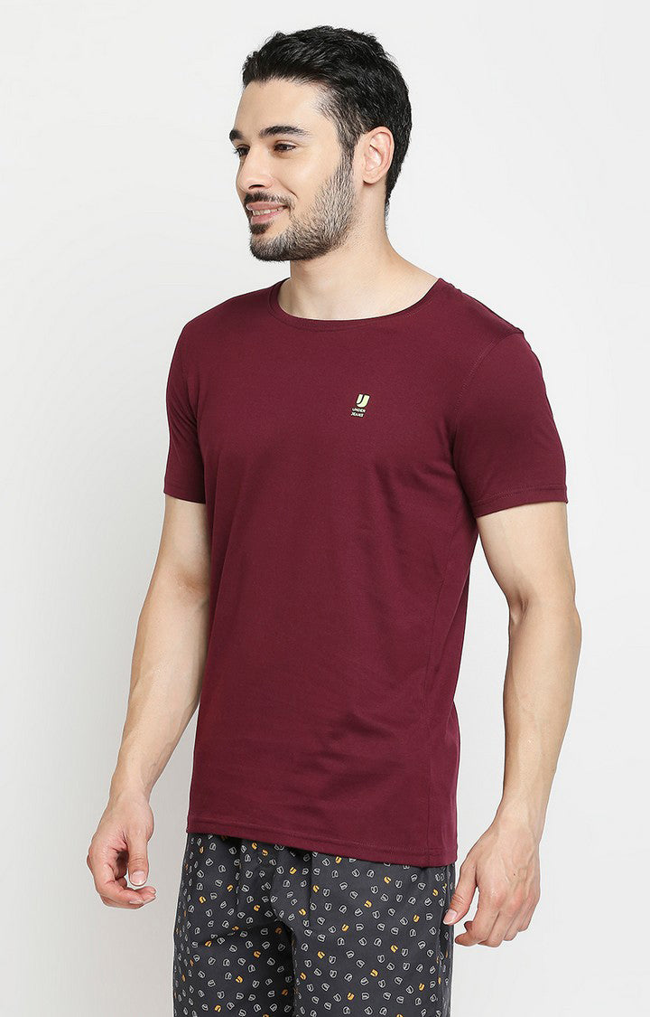 Men Premium White & Wine Cotton Regular Fit Round Neck T-shirts - Pack of 2 - UnderJeans by Spykar