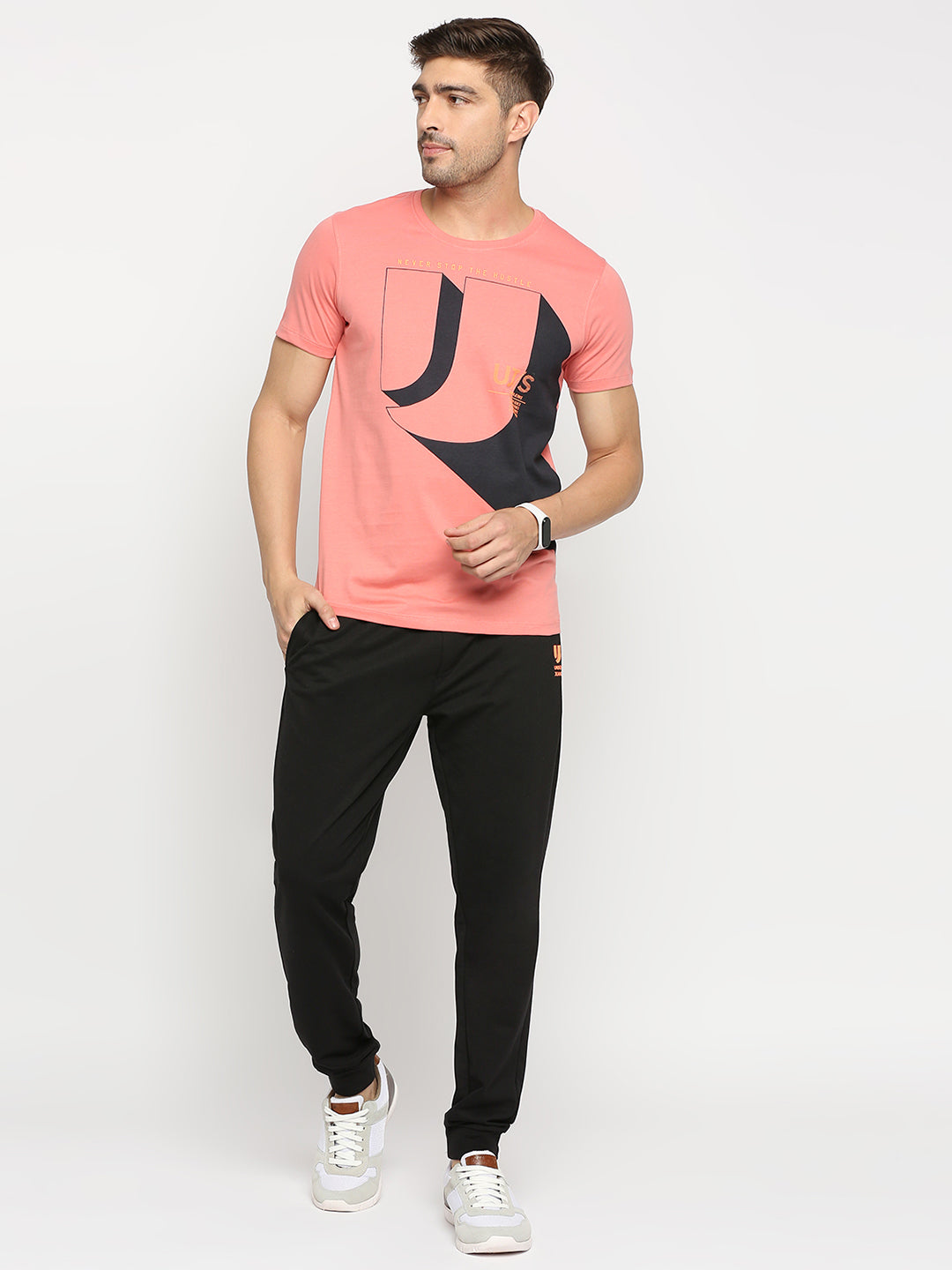 Men Premium DUSTY CORAL Cotton Round Neck Printed Tshirt- UnderJeans by Spykar
