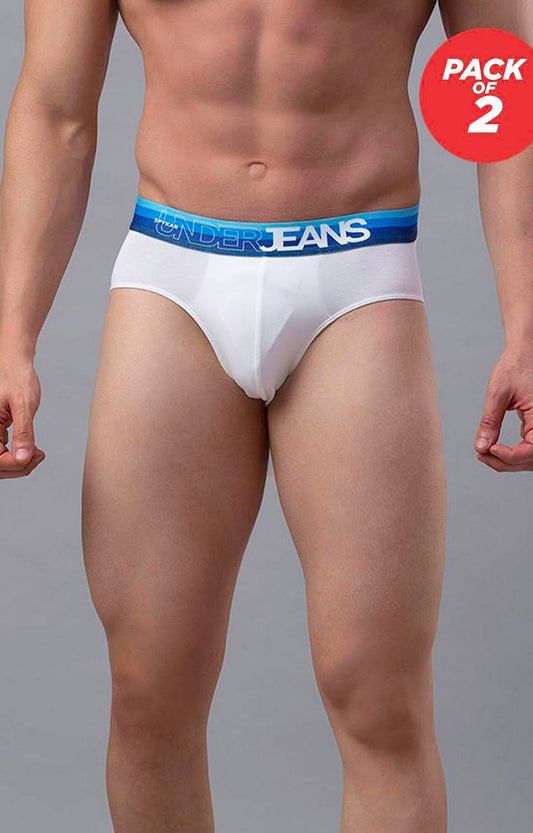 Men Premium Cotton Blend White-Blue Brief - (Pack of 2)- UnderJeans by Spykar
