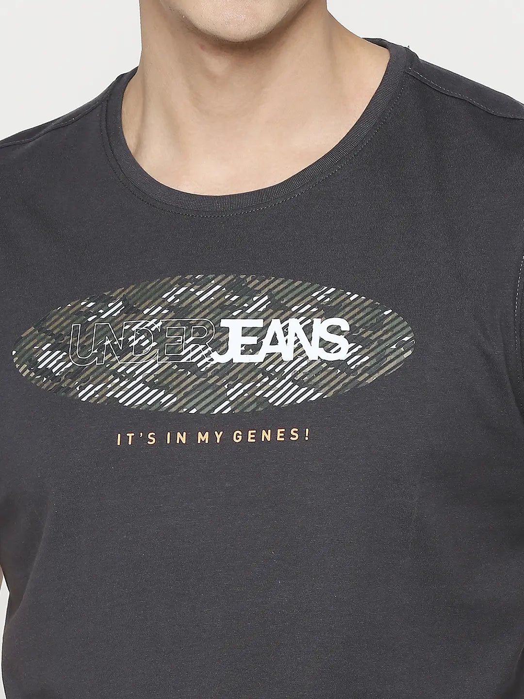 Men Premium Slate Grey Cotton Half Sleeve Printed Tshirt - UnderJeans by Spykar