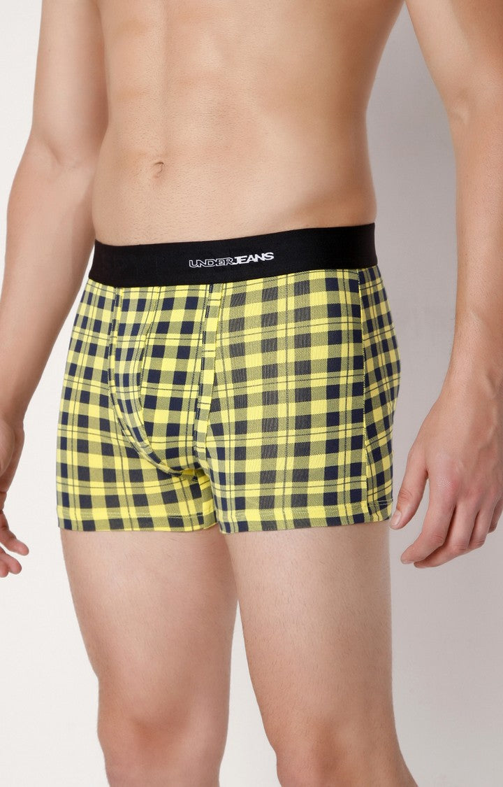 Men Premium Yellow Check Cotton Blend Trunk- UnderJeans by Spykar