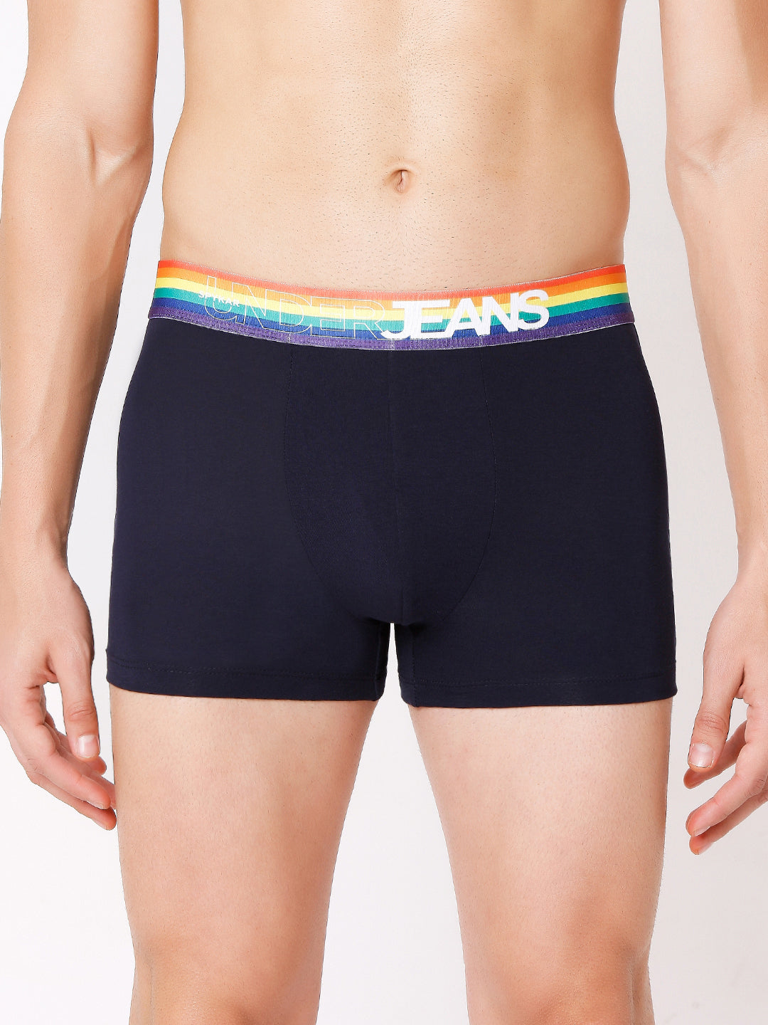 Men Premium Navy Multi & White Blue Cotton Blend Trunk (Pack of 2)- UnderJeans by Spykar