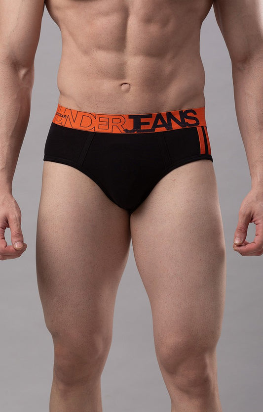 Men Premium Cotton Blend Black-Orange Brief- UnderJeans by Spykar