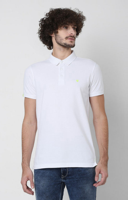 Men Premium White Cotton Slim Fit Polo T-Shirt - UnderJeans By Spykar