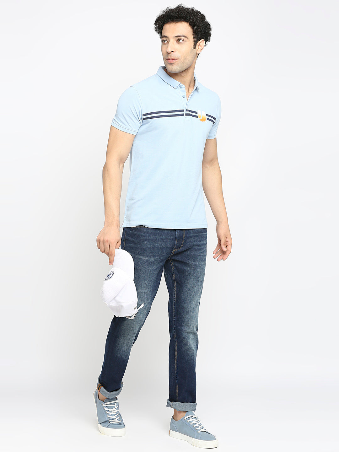 Men Premium Cotton Powder Blue Polo T-shirt - UnderJeans by Spykar