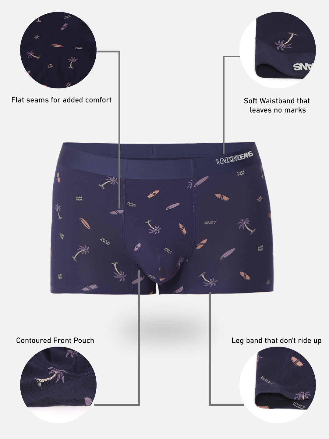 Men Navy Printed Super Premium Bonded Elastic Trunk - UnderJeans by Spykar
