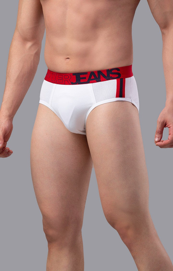 Men Premium Cotton Blend White-Red Brief- UnderJeans by Spykar