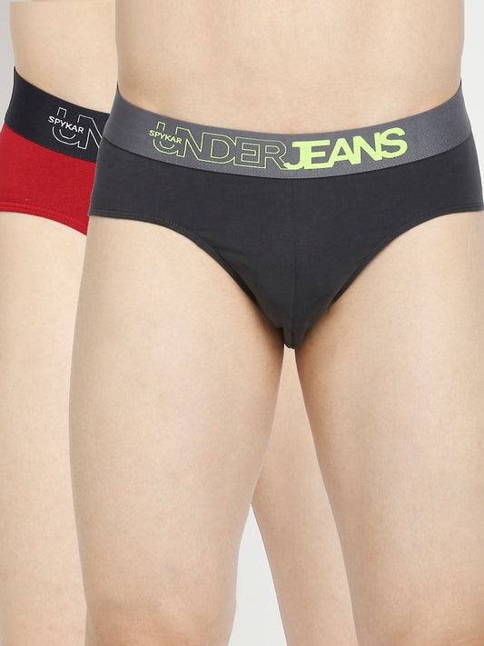 Men Premium Maroon & Dark Grey Cotton Blend Brief - Pack Of 2- UnderJeans by Spykar