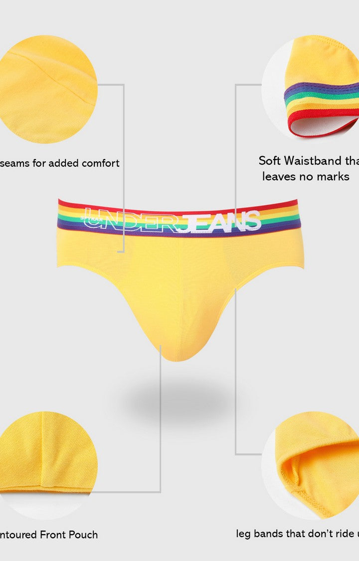 Men Premium Yellow Multi Cotton Blend Brief- UnderJeans by Spykar