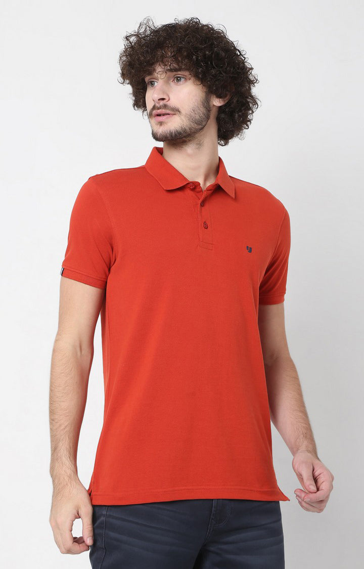 Men Premium Orange Cotton Regular Fit Polo T-Shirt - UnderJeans By Spykar