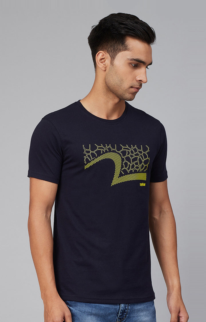 Navy Cotton Printed Round Neck T-Shirts- UnderJeans by Spykar