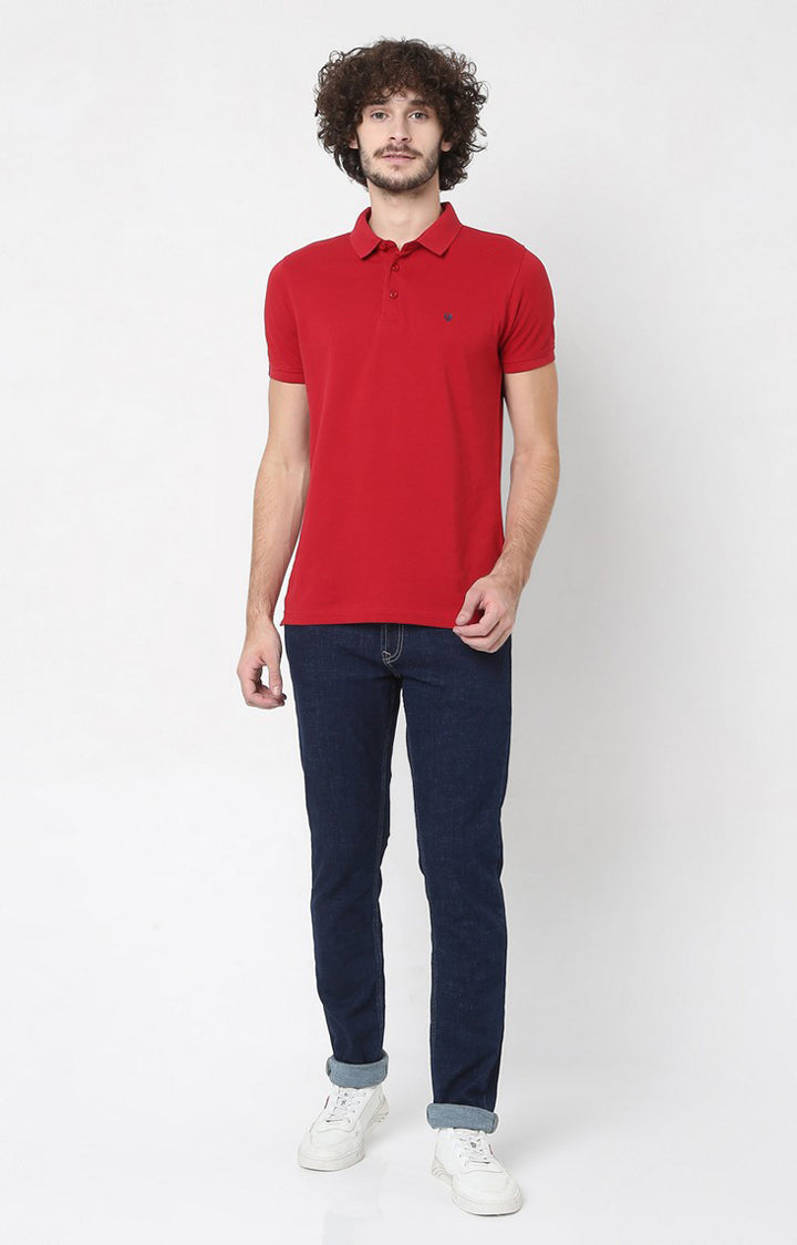 Men Premium Red Cotton Regular Fit Polo T-Shirt - UnderJeans By Spykar