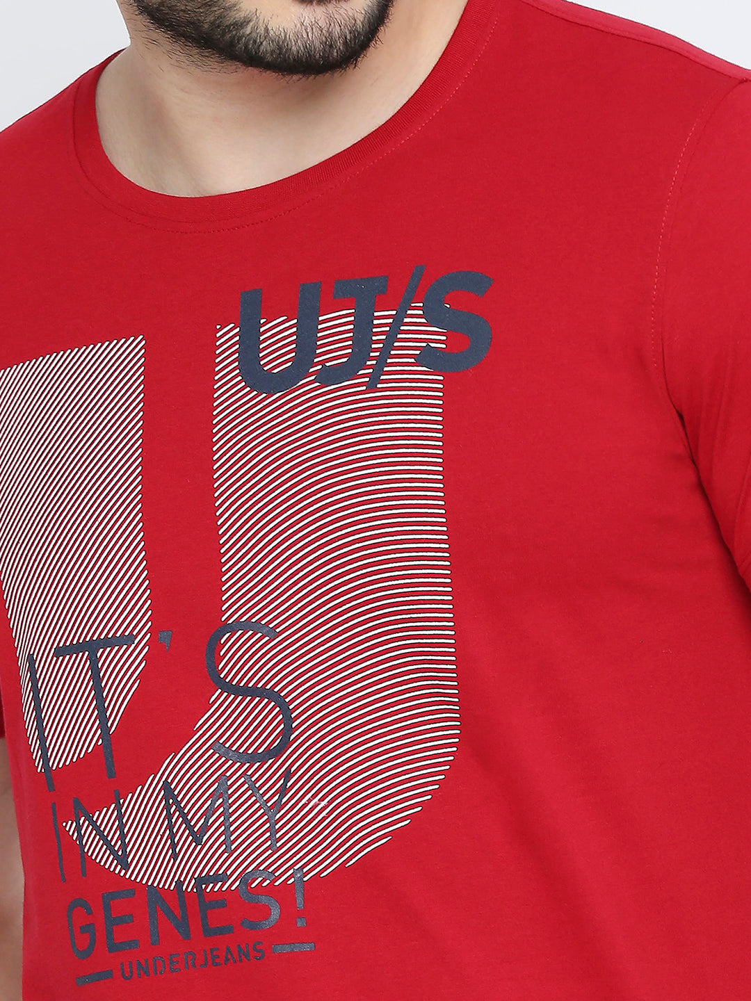 Men Premium Cotton Deepred Round Neck Tshirt - UnderJeans by Spykar