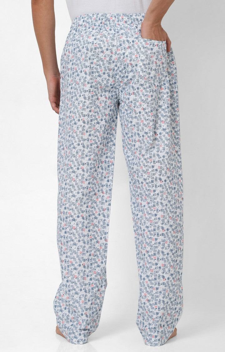 Men Premium White & Blue Cotton Printed Pyjama - UnderJeans By Spykar