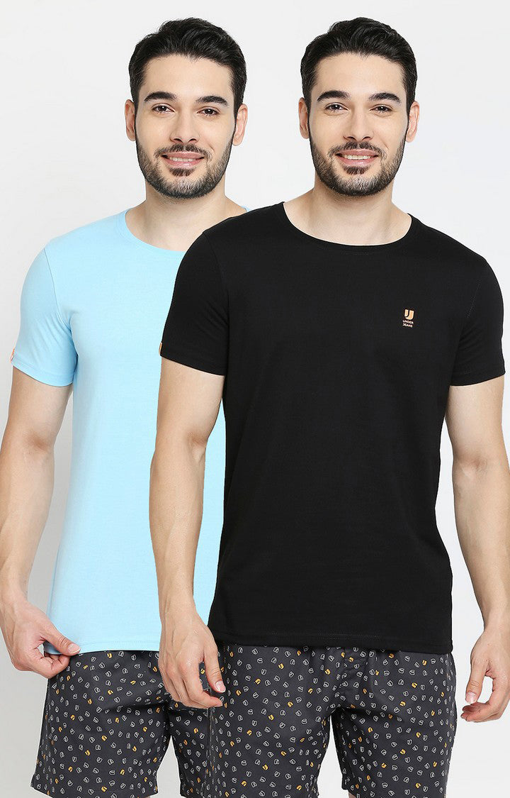 Men Premium Black & Blue Cotton Regular Fit Round Neck T-shirts - Pack of 2- UnderJeans by Spykar