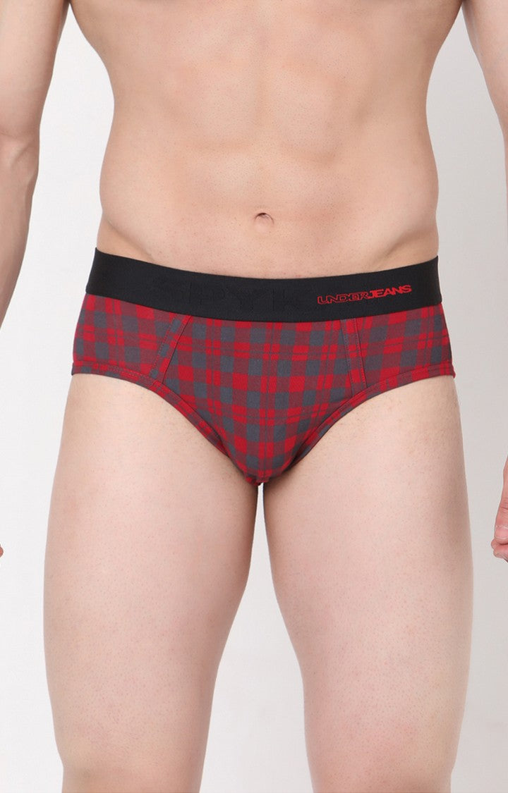 Maroon-Check Cotton Brief for Men Premium- UnderJeans by Spykar