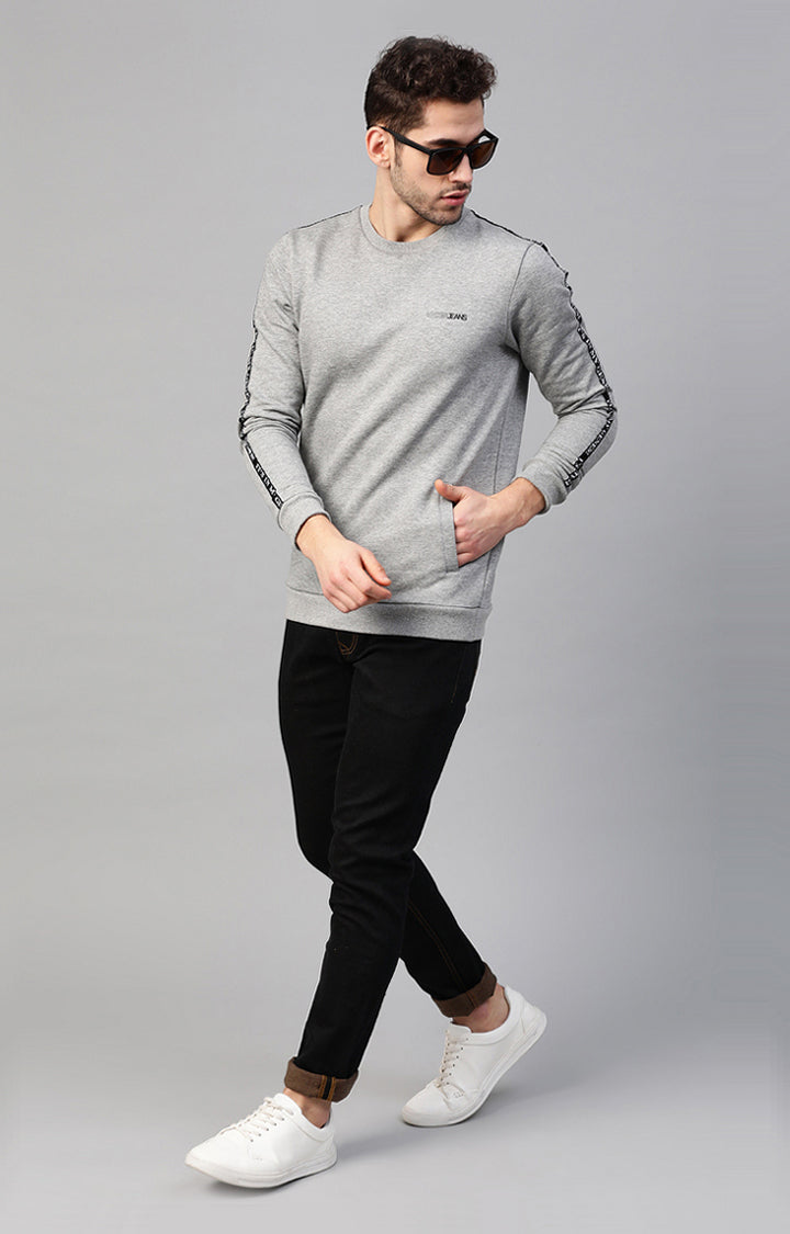 Grey Melange Cotton Solid Round Neck Sweatshirts- UnderJeans by Spykar