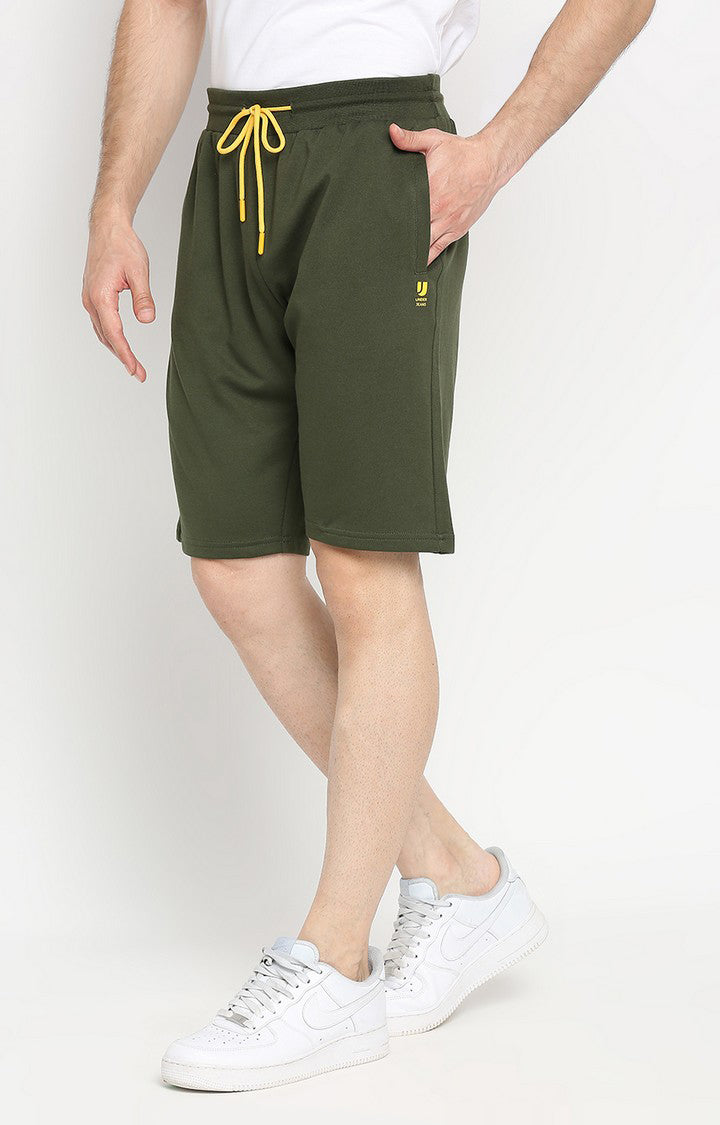 Men Premium Olive Cotton Blend Shorts - UnderJeans by Spykar