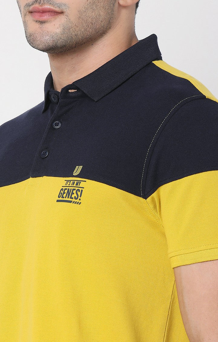 Men Premium Sulphur Yellow & Navy Cotton Regular Fit Polo Tshirt - UnderJeans by Spykar