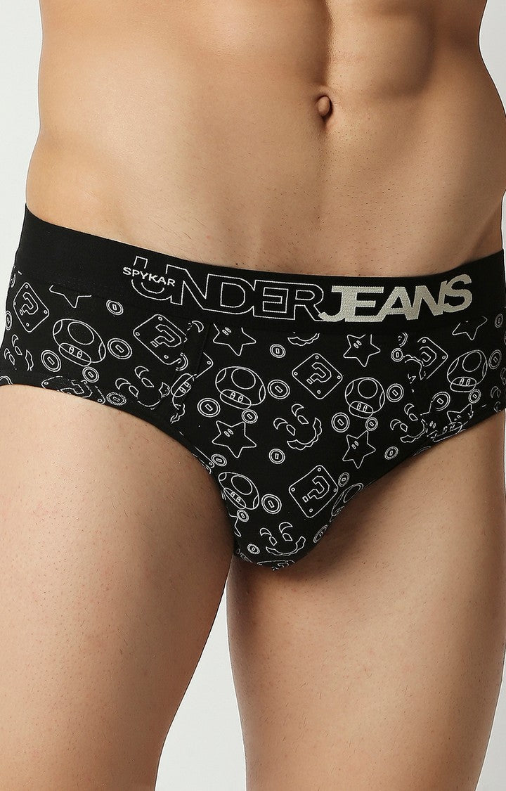 Men Premium Black Cotton Blend Regular Fit Brief - UnderJeans by Spykar