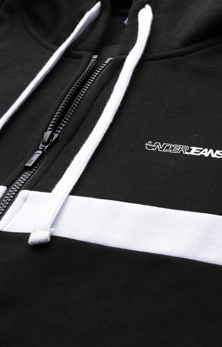 Black Cotton Solid Hooded Sweatshirts- UnderJeans by Spykar