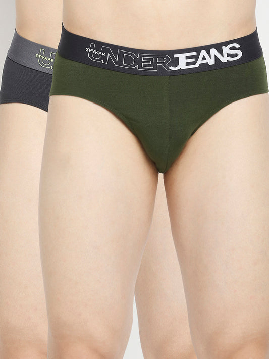 Men Premium Dark Grey & Olive Cotton Blend Brief - Pack Of 2- UnderJeans by Spykar