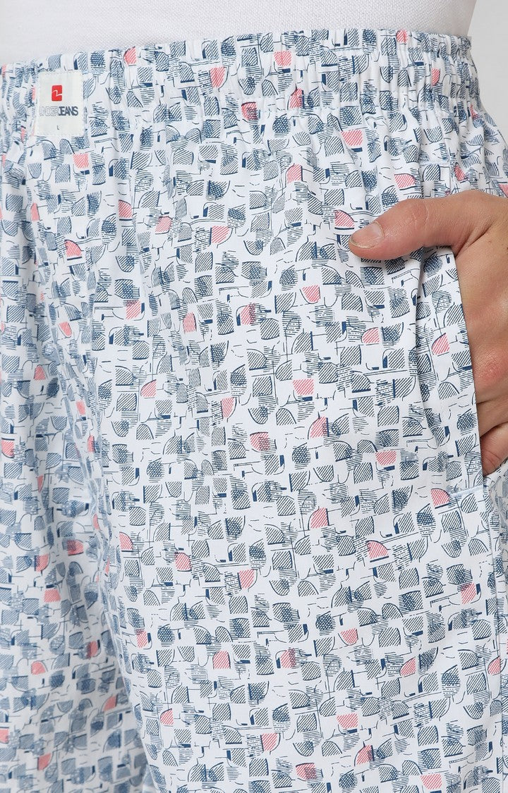 Men Premium White & Blue Cotton Printed Pyjama - UnderJeans By Spykar