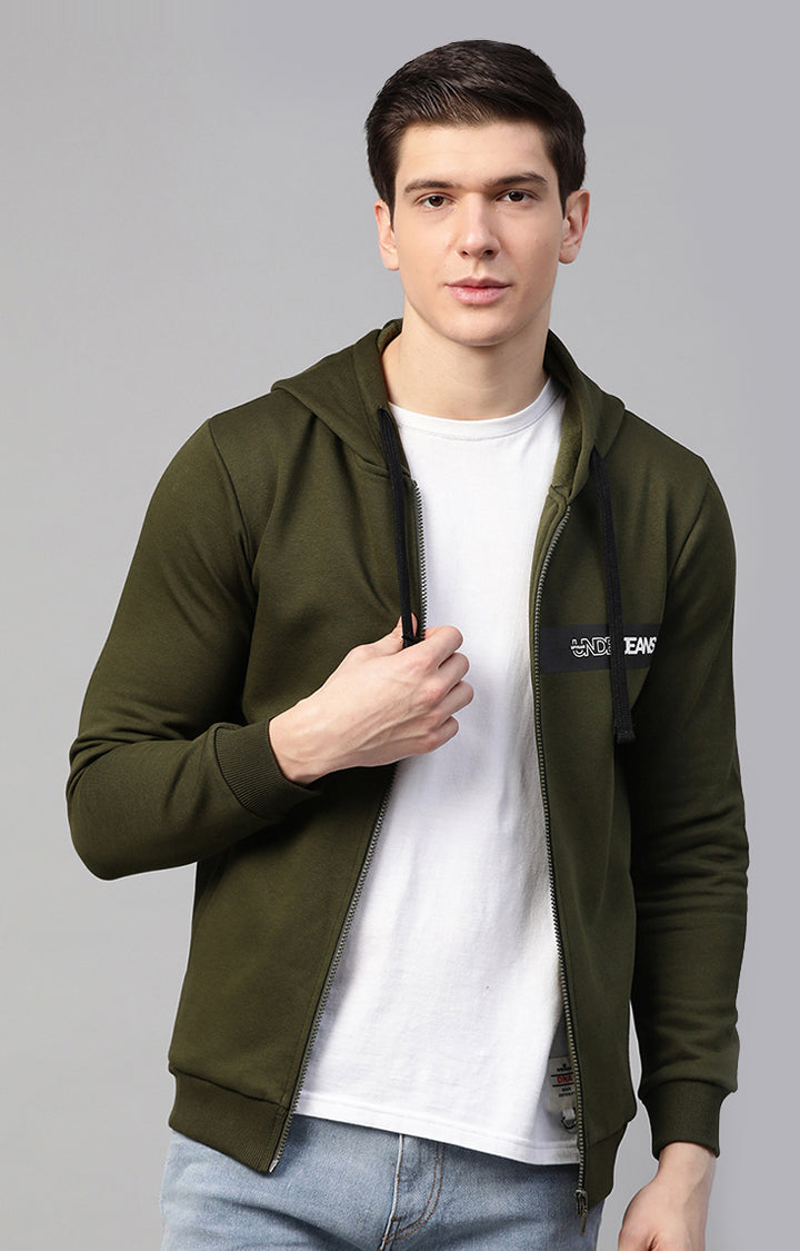 Olive Cotton Solid Hooded Sweatshirts- UnderJeans by Spykar