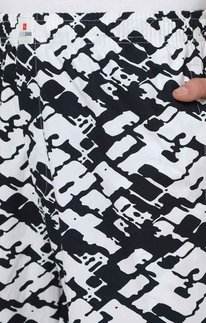 Men Premium White & Dark Navy Cotton Printed Pyjama - UnderJeans By Spykar