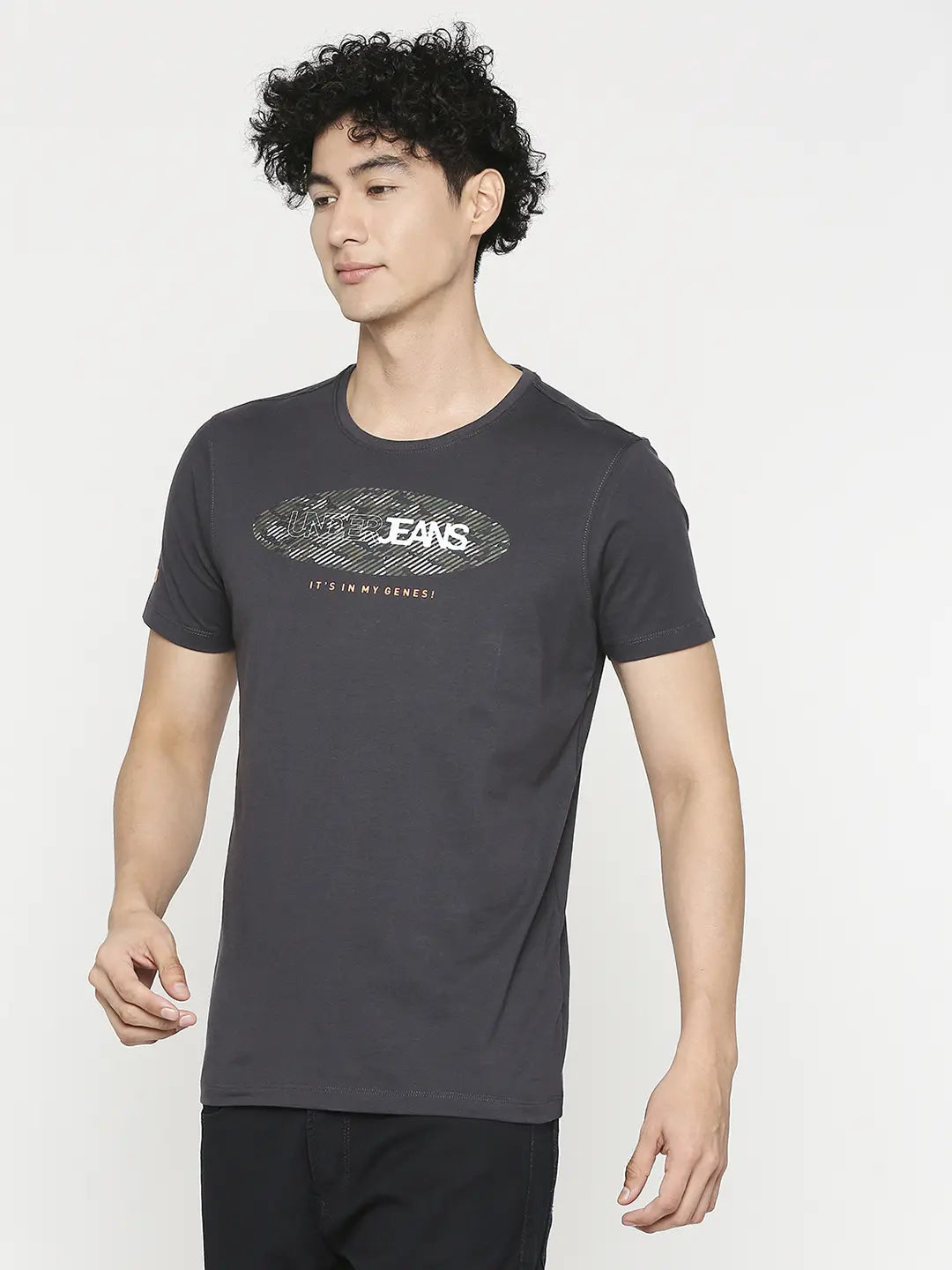Men Premium Slate Grey Cotton Half Sleeve Printed Tshirt - UnderJeans by Spykar