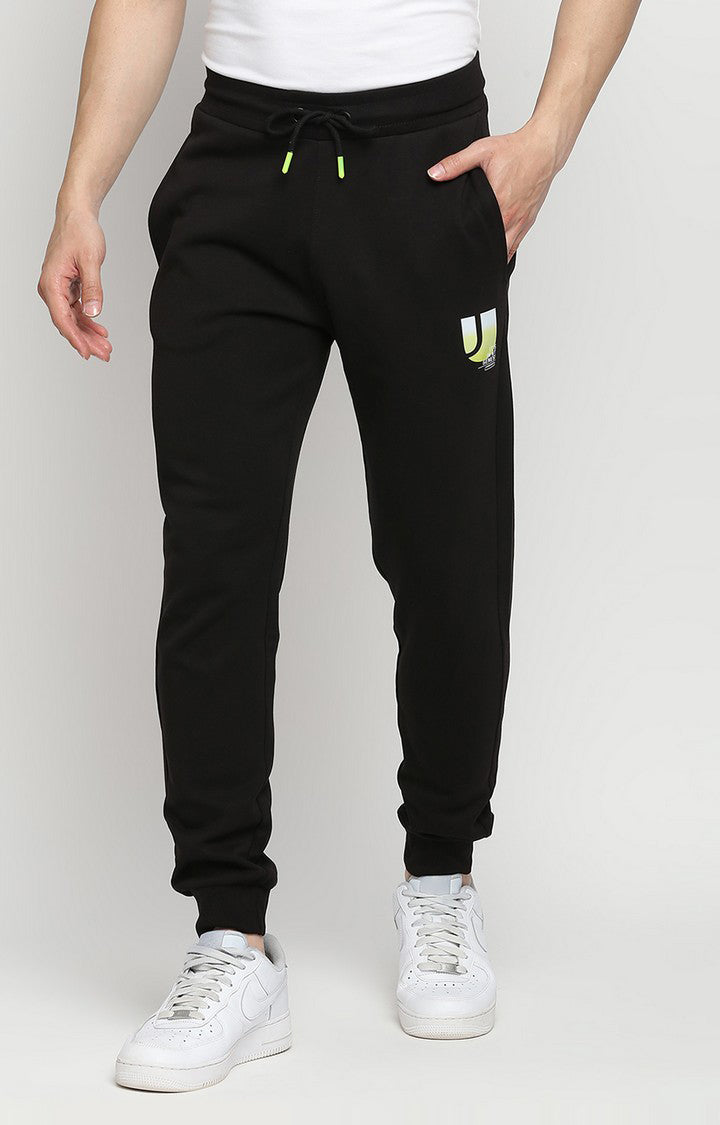 Men Premium Cotton Blend Knitted Black Trackpant - UnderJeans by Spykar