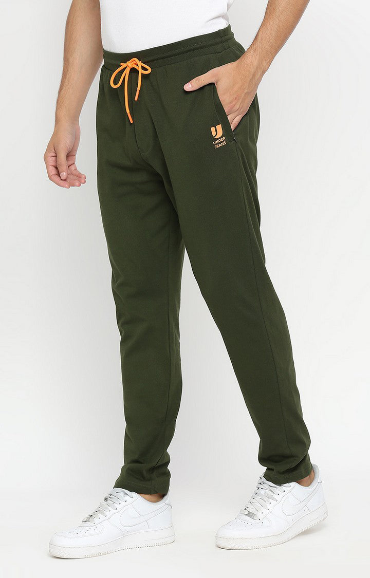 Men Premium Knitted Olive Cotton Trackpant - UnderJeans by Spykar