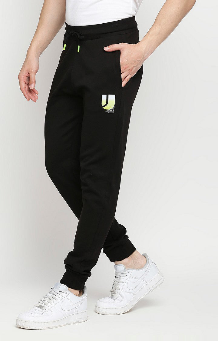 Men Premium Cotton Blend Knitted Black Trackpant - UnderJeans by Spykar