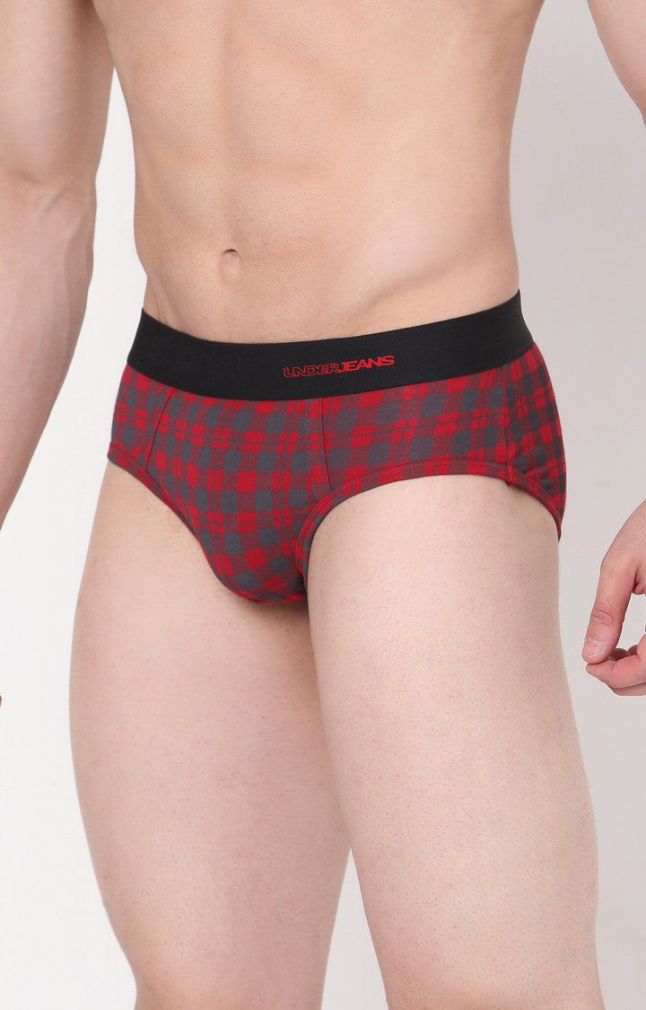 Men Premium Cotton Blend Maroon-Check Brief- UnderJeans by Spykar
