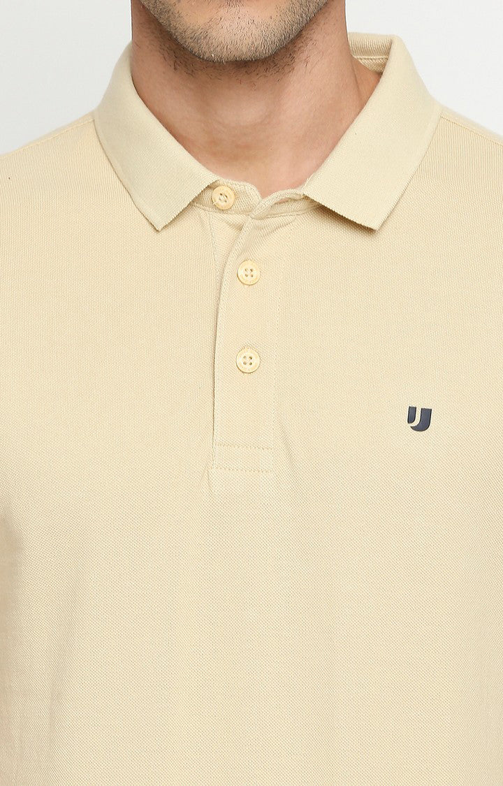 Men Premium Beige Cotton Regular Fit Polo T-Shirt- UnderJeans by Spykar