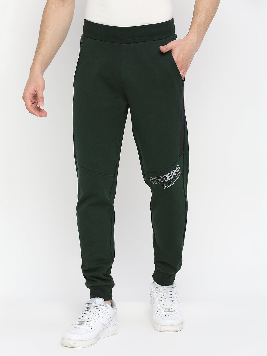 Men Premium Cotton Bottle Green Trackpant - UnderJeans by Spykar