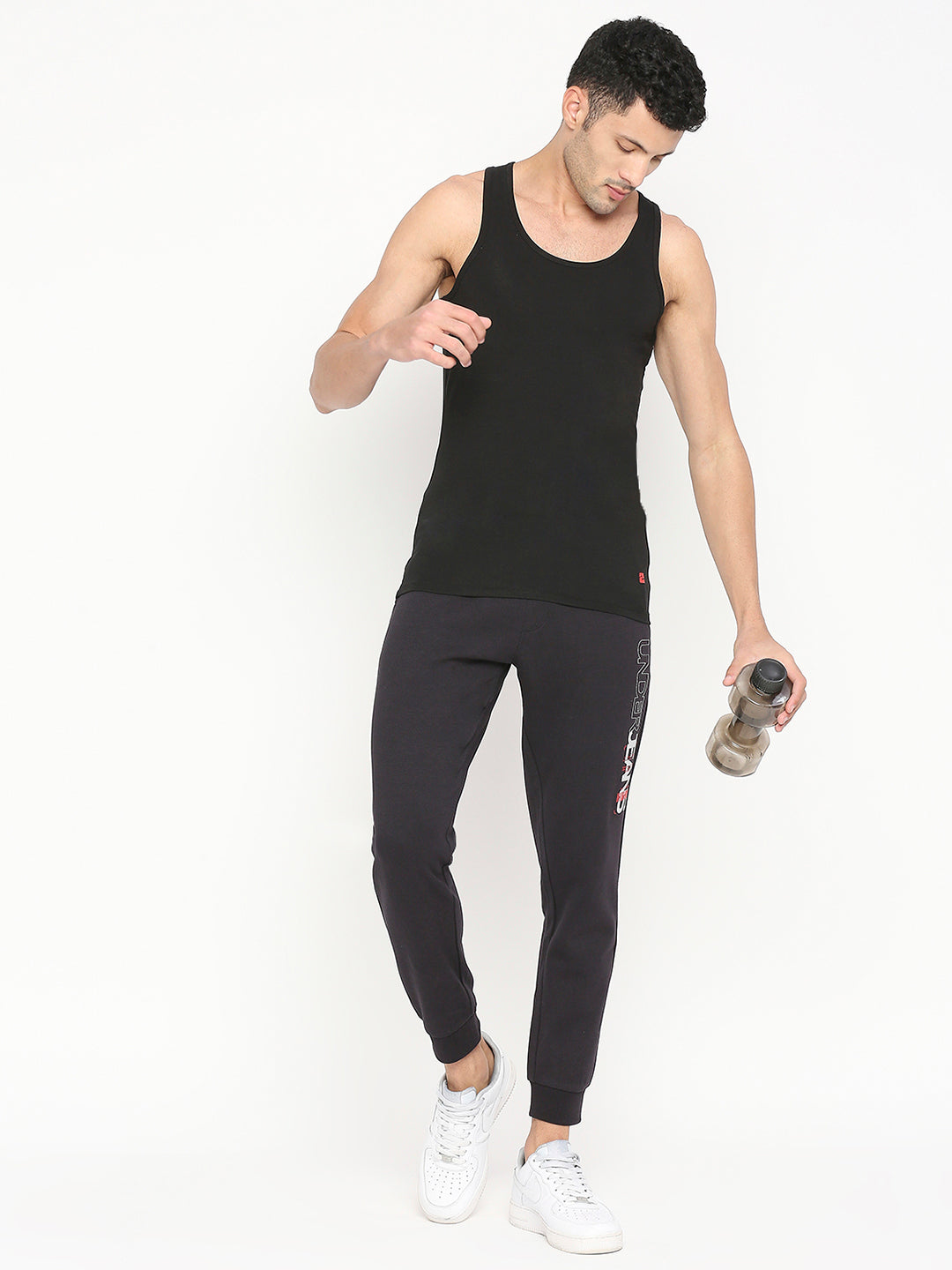 Men Premium Black Cotton Blend Vest - UnderJeans by Spykar