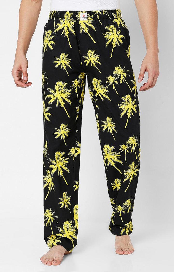 Men Premium Black & Yellow Cotton Printed Pyjama - UnderJeans By Spykar