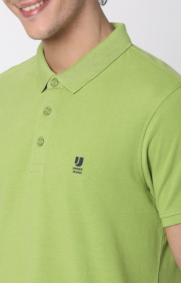 Men Premium Spinach Green Cotton Polo T-Shirts- UnderJeans by Spykar