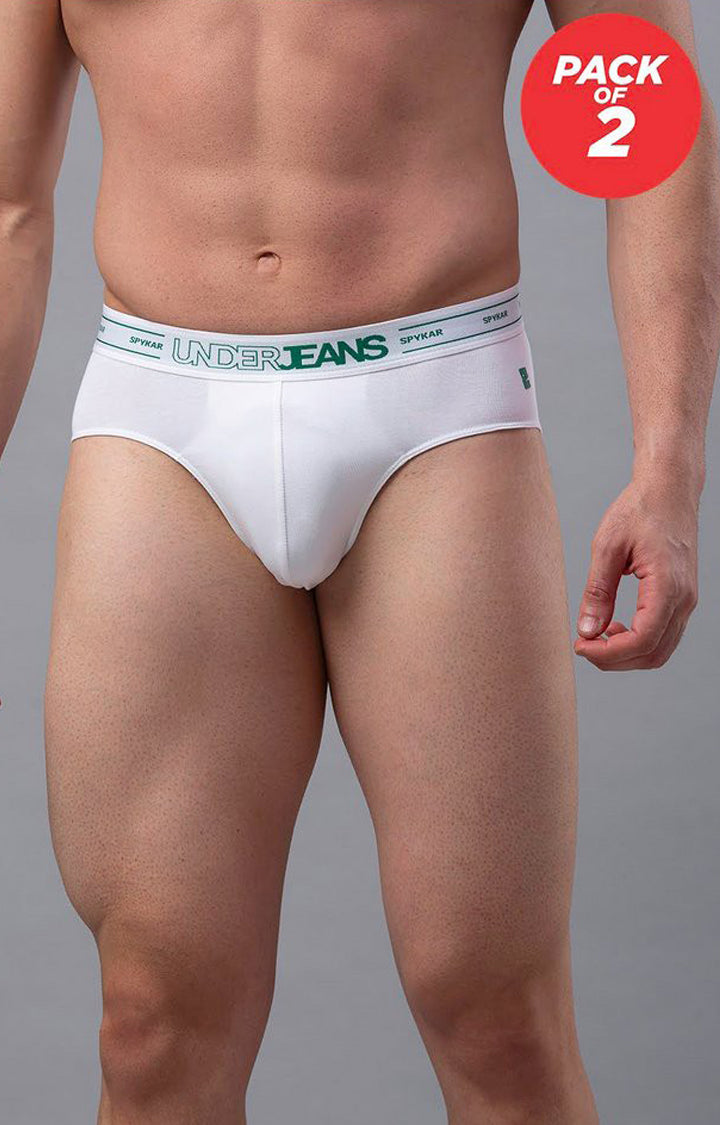 White Cotton Brief for Men Premium - (Pack of 2)- UnderJeans by Spykar