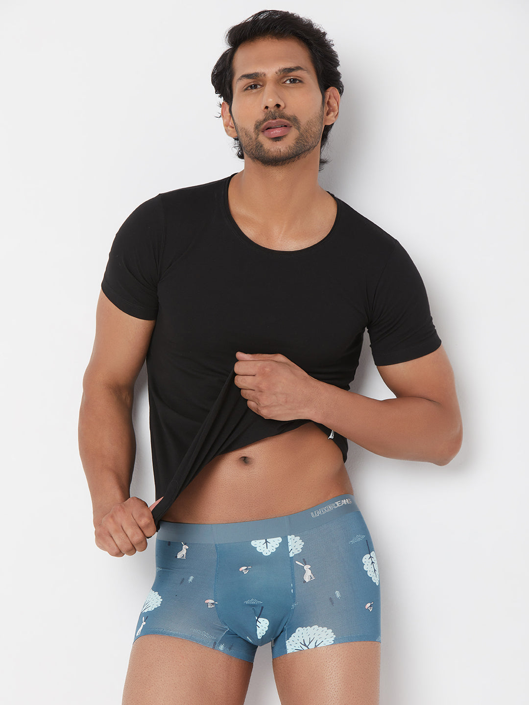 Men Blue Printed Super Premium Bonded Elastic Trunk - UnderJeans by Spykar
