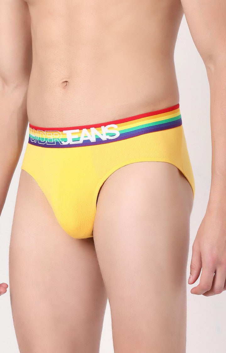 Men Premium Yellow Multi Cotton Blend Brief- UnderJeans by Spykar