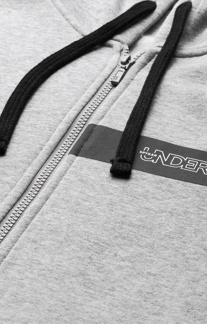 Grey Melange Cotton Solid Hooded Sweatshirts- UnderJeans by Spykar