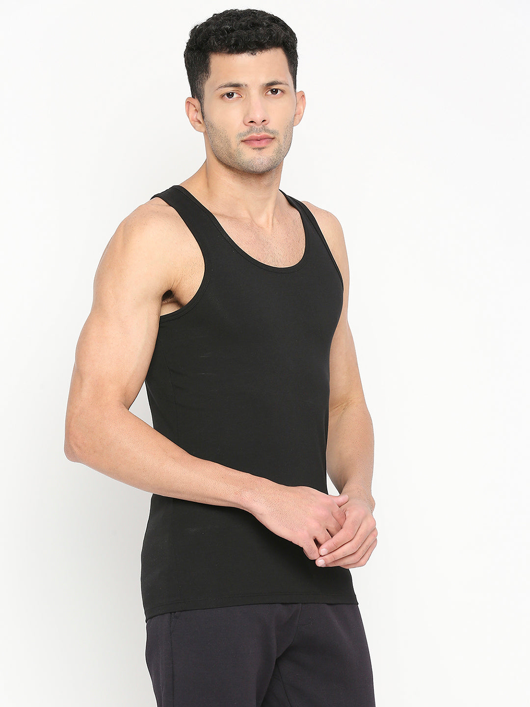 Men Premium Black Cotton Blend Vest - UnderJeans by Spykar
