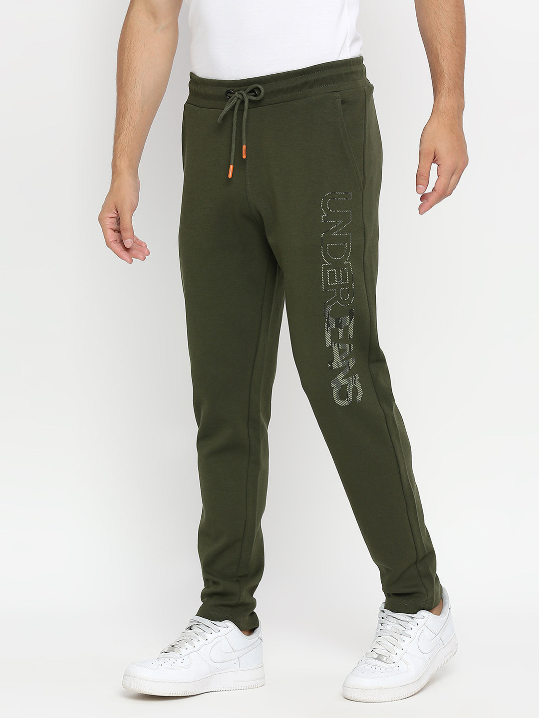 Men Premium Knitted Rifle Green Cotton Straight Fit Trackpants - UnderJeans by Spykar