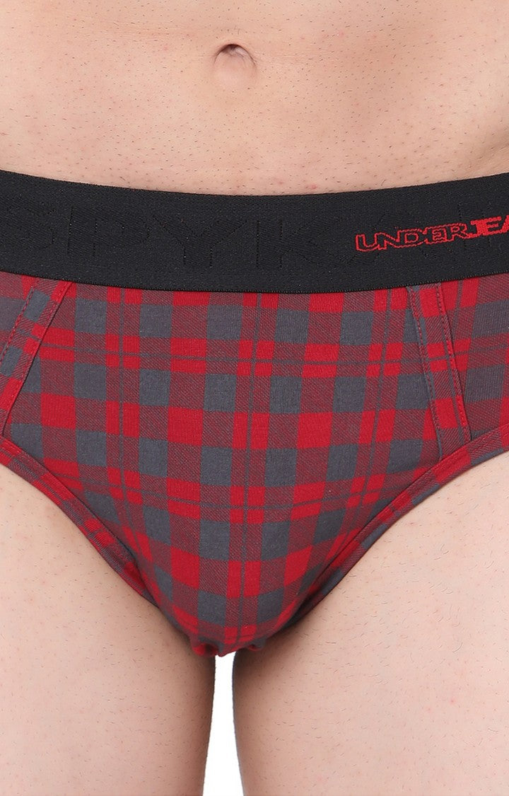 Maroon-Check Cotton Brief for Men Premium- UnderJeans by Spykar
