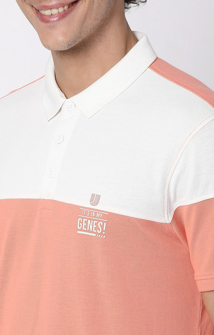 Men Premium Peach & Ecru Cotton Regular Fit Polo T-shirt - UnderJeans by Spykar